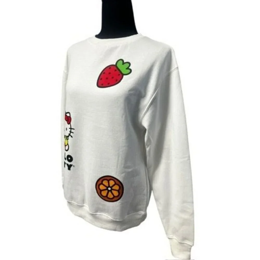 HELLO KITTY CREWNECK SWEATSHIRT WOMEN XS WHITE PREPPY LIGHT SWEATER RELAX